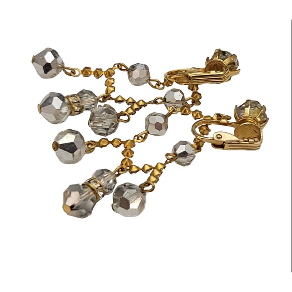 AB Beaded Prong Set Clear Rhinestone Chandelier Clip-On Earrings 2” Long, K130 - Picture 5 of 10